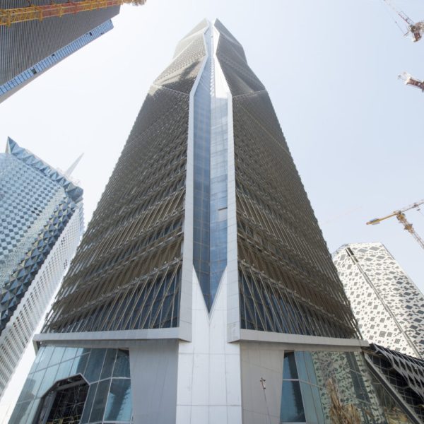 Exterior architectural design of PIF Tower in King Abdullah Financial District